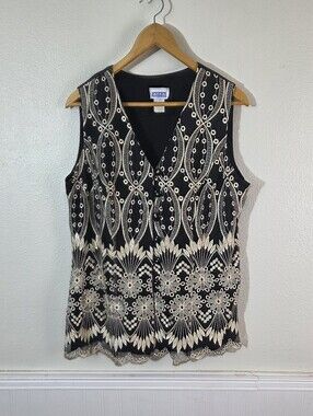 Vintage Anna USA Womens XL Black Embroidered Sleeveless Button Front Top Boho